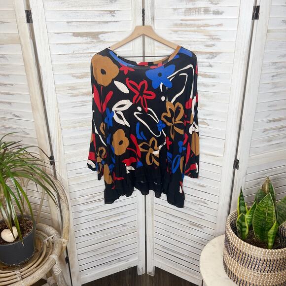 LOGO by LORI GOLDSTEIN Women's Printed Oversized Drop Shoulder Top Black Floral - Picture 11 of 11